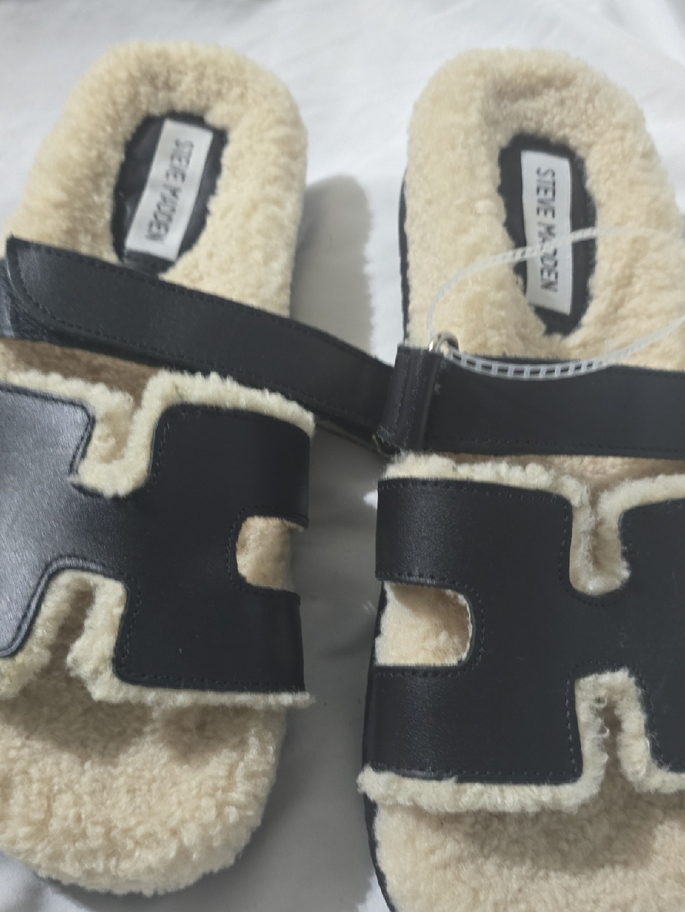 Steve Madden Black and Cream Shearling Slide Sandals